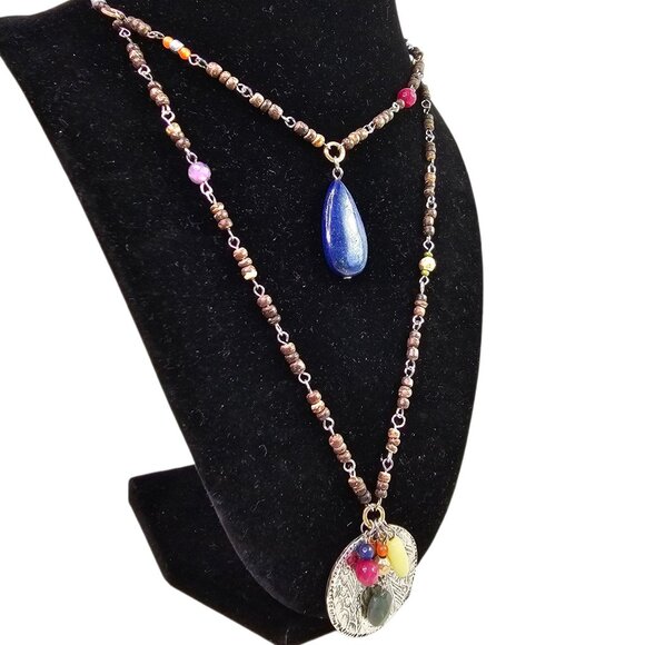 Boho Layered Necklace With Lapis Lazuli Pendant & Adjustable Cord For Women‎ - Picture 3 of 5